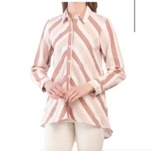 Pearl by Lela Rose S Linen Stripe Button Down High Low Collared Shirt Top Blush